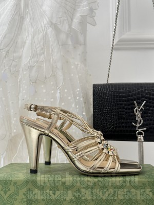 GUCCI WOMEN'S CRYSTAL INTERLOCKING G LAMBSKIN SANDAL GOLD