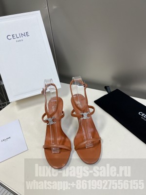 Celine Triomphe Leather Heel Sandals with Crystal Brown
