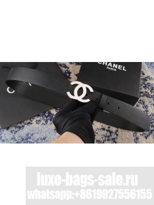 Chanel Width 3.5cm Leather Belt Black with Silver CC Logo