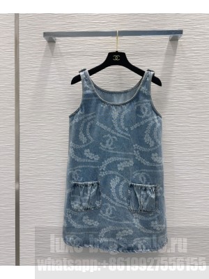 Chanel Women's Printed Denim Vest Dress Blue