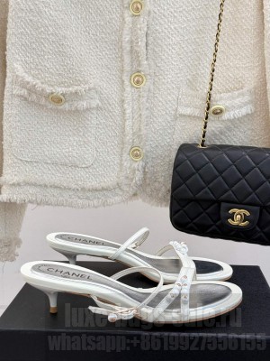 Chanel Vintage Calfskin Heel Sandals 7.5cm with Pearls White/Silver 2025