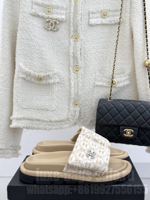 Chanel Printed Canvas Pillow Flat Slides Sandal Beige 2025
