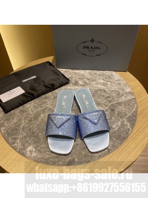 Prada Satin Flat slides sandals With Cryscals 2022 Collection，Blue