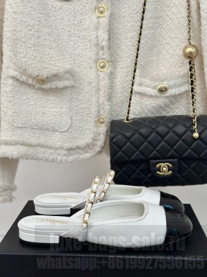 Chanel Calfskin & Patent Flat Mules with Chain White 2024 