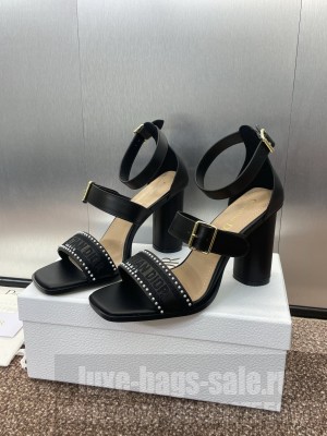 Dior Dway Heeled Sandals 9.5cm in Black Calfskin and Embroidered Cotton 2025