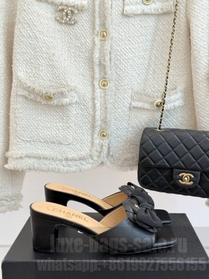 Chanel Lambskin Camellia Bow Heel Slides Mule Black 2025 