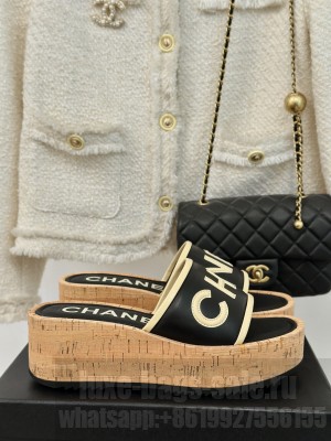 Chanel Black Lambskin Platform Slide Mule 