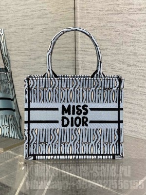 Small Dior Book Tote Pale Blue and Black Miss Dior Allover Embroidery M1265Z