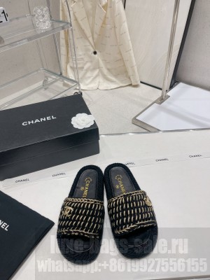 Chanel Cord Flat Slide Sandals 2023SS Black