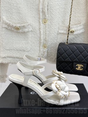 Chanel Lambskin With Camellia Chain 7.5cm Sandals White 2025