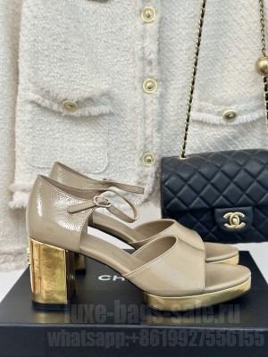 Chanel Gold Heel Calfskin Sandals Crinkled Beige 2024