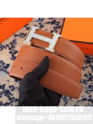 Hermes Width 3.8cm Ostrich Pattern Calfskin Reversible Belt Brown/Black(Gold) 2020 Collection