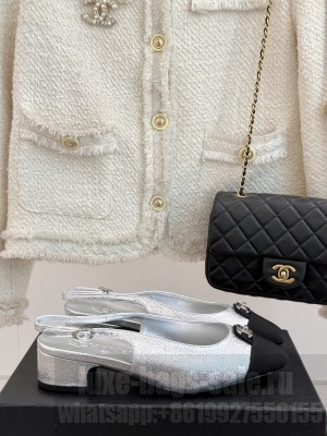 Chanel Lambskin & Grosgrain cc Metal slingback Pumps Silver 2025
