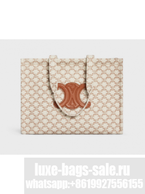 CELINE LARGE CABAS THAIS IN TEXTILE WITH TRIOMPHE CANVAS PRINT AND CALFSKIN 196762 WHITE