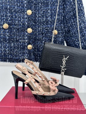 VALENTINO ROCKSTUD BOW SLINGBACK BLACK PATENT LEATHER PUMP 80MM