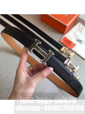 Hermes Silver-tone Carve H Bucklt & Black Leather Belt 2018 Collection