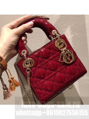 Lady Dior Mini Bag in Cannage with Chain Patent Dark Red
