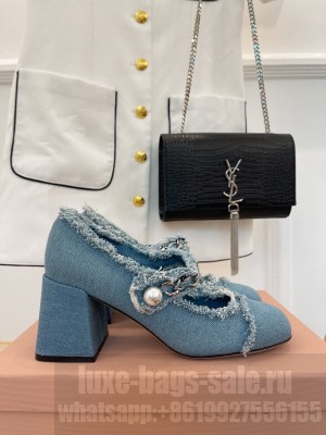 Miu Miu 6.5cm Denim Mary Jane pumps with metal chain and artificial pearl