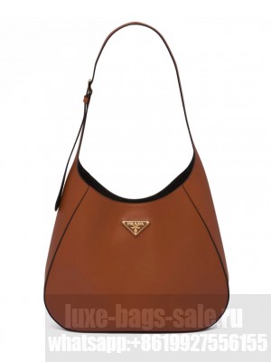 Prada Large Leather Shoulder Bag With Topstitching 1BC181 Coffee