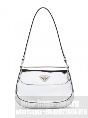 Prada Cleo Brushed Leather Shoulder Bag With Flap 1BD311 Silver