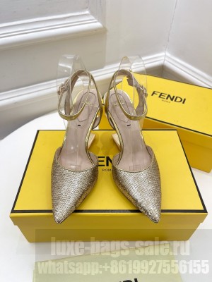 FENDI FIRST 85mm Sequins Gold high-heeled sandals With Ankle Strap 2022 Collection
