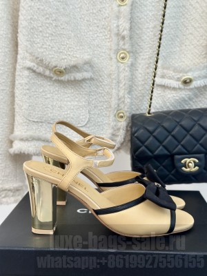 Chanel 7cm Lambskin & Grosgrain Bow Sandals G45690 Beige