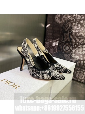 Dior J'Adior Slingback Pumps 9.5cm in Black and White Cotton Embroidered with Plan de Paris Motif 2023