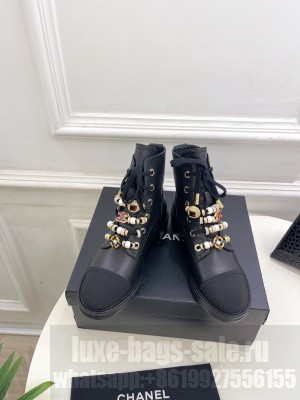 Chanel Calfskin, Grosgrain, Imitation Pearls, Strass & Metal Black G45856 Combat Boots 02