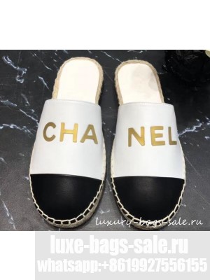 Chanel Gold Logo Espadrilles Mules White/Black 2019
