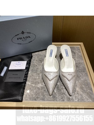Prada Women's 5.5cm Satin Mule Sandals With Crystals 2022 Collection,White