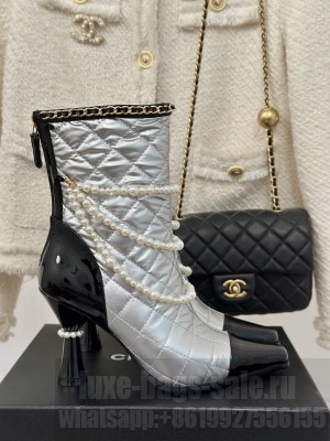 Chanel Patent leather Down fabric With Pearl chain 7cm Ankle Boots 2024 Silver