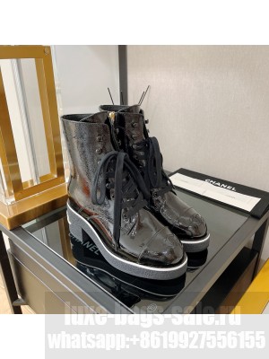 Chanel Crinkled Leather Lace-ups Ankle Boots Black