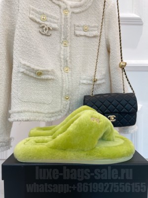 Chanel Shearling Flat Thong Sandals Green