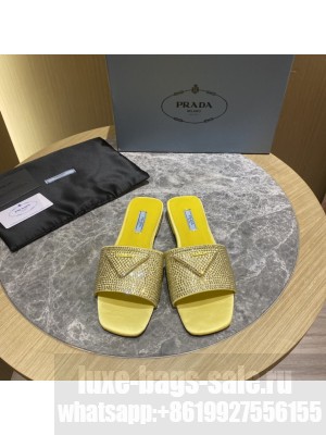 Prada Satin Flat slides sandals With Cryscals 2022 Collection,Yellow