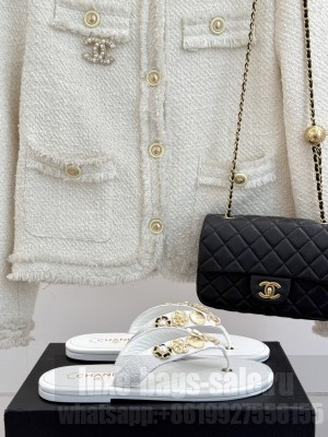 Chanel Tweed Flat Thong Slide Sandals with Charm white 2025 G46304