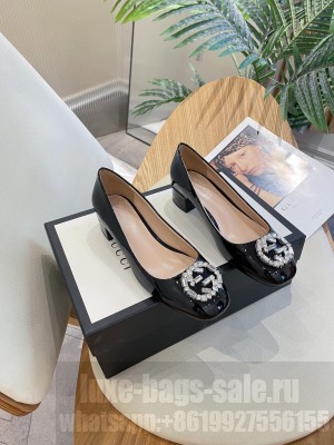 Gucci Patent Leather Pumps 3.5cm with Crystal Interlocing G Black 2023