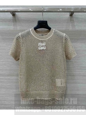 Miumiu Women's Lettering Embroidered Openwork Sweater Apricot
