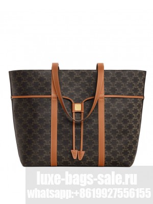 Celine Cabas Drawstring In Triomphe Canvas And Calfskin Coffee