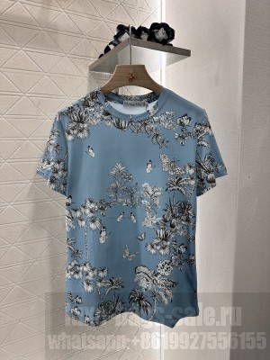Christian Dior Dioriviera T-Shirt Blue Toile de Jouy Palms Cotton and Linen Jersey