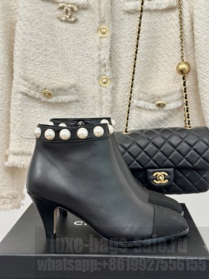 Chanel Lambskin & Grosgrain,Imitation Pearls 7cm Ankle Boots Black 2024