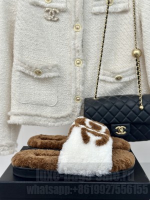 Chanel Women's CC Logo Shearling Fur Moccasins Slide Brown/White 2024