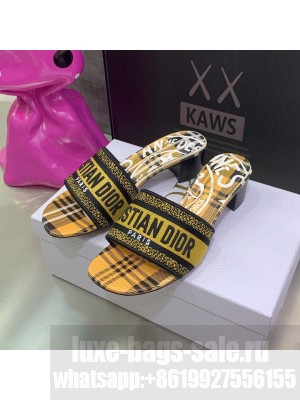 DIOR DWAY HEELED SLIDE Yellow Jute Canvas Embroidered with Dior Union Motif 2022 Collection