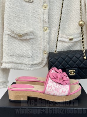 Chanel Calfskin Heel Slides Sandal 4cm with Camellia Bloom 08