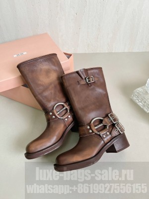 Miu Miu Leather Ankle Boots with Strap Buckle Brown 2023 07