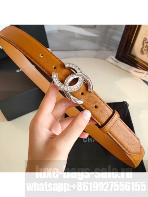 Chanel Grianed Calfskin Belt 30mm with Crystal Metal CC Buckle Brown 2019 Collection