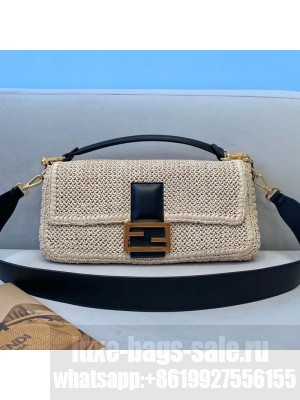 Fendi Baguette FF Medium Bag in Beige Woven Straw  2021 Collection