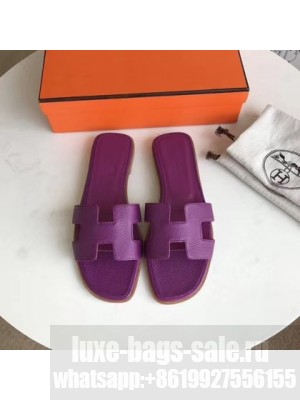 Hermes Oran Flat slippers in epsom leather purple with brown piping