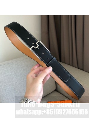 Hermes Goodnight Leather Belt 38mm with Framed Buckle Black/Silver 2019 Collection