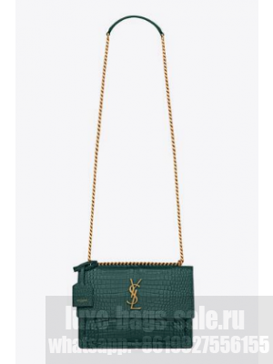 SAINT LAUREN SUNSET MEDIUM CHAIN BAG IN CROCODILE-EMBOSSED SHINY LEATHER 422906 SEA TURQUOISE