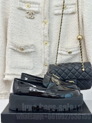 Chanel Patent Leather Platform Moccasins Loafers Black 2024